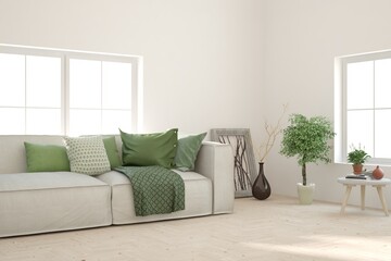 White living room with sofa. Scandinavian interior design. 3D illustration