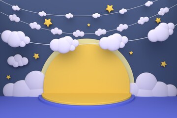 Full moon night cartoon paper craft stlye with little star and clouds cute and pedestal pastel stage for showcase.3d illustration and rendering.