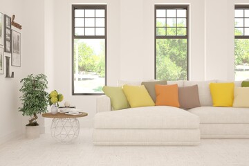 White living room with sofa and summer landscape in window. Scandinavian interior design. 3D illustration
