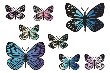 Fototapeta na wymiar Butterflies black silhouette set with modern gradient. Clip art on white background