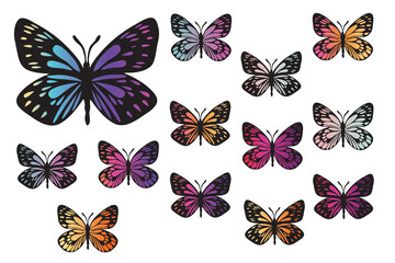 Butterflies black outlines silhouette set with modern gradient. Clip art isolated