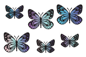 Fototapeta na wymiar Butterflies black outlines silhouette set with modern gradient. Clip art on white 