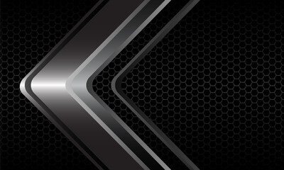 Abstract silver arrow direction on dark grey metallic hexagon mesh design modern luxury futuristic background vector illustration.