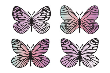 Fototapeta na wymiar Butterflies black outlines silhouette set with modern gradient. Clip art on white background