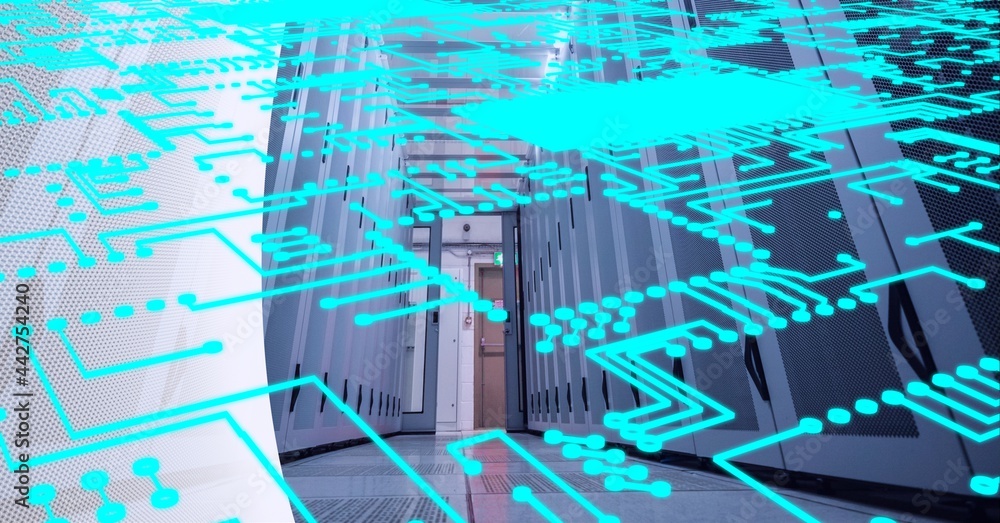 Aufkleber neon blue microprocessor connections against computer server room in background