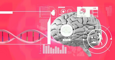 Medical data processing over dna structure and human brain against pink gradient background