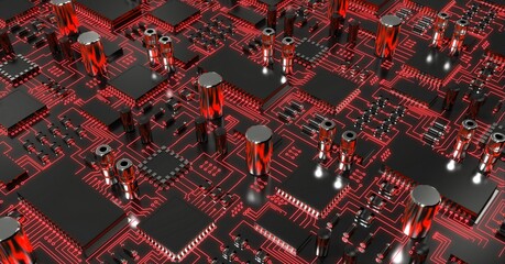 Digitally generated image of microprocessor connections over electronic circuit board of a computer