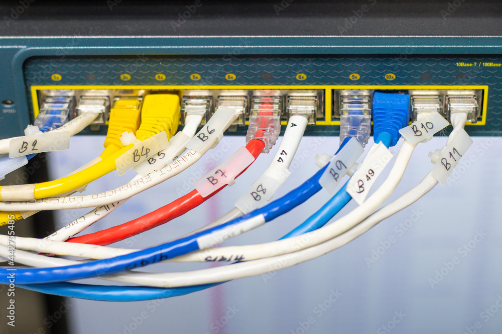 Poster the network cables to connect the port of a switch to connect internet network, concept communicatio
