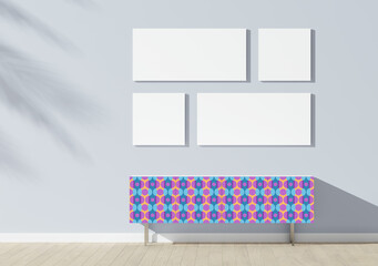 Empty wall mock up in Scandinavian style interior with painted sideboard. 3D render. Seamless pattern. Painting furniture. Minimalist interior design. 3D illustration. Blank paintings on the wall.	