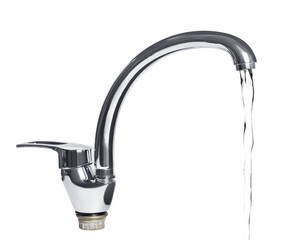 Water stream flowing from tap on white background
