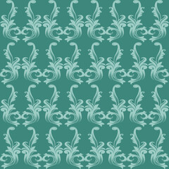 Seamless green luxury damask pattern design on turquoise background