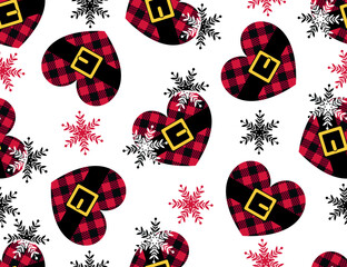 .Buffalo plaid heart  Santa vector seamless pattern. Christmas illustration. Festive design.