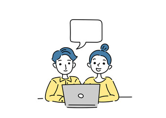 パソコンの前に座る男女のイラスト