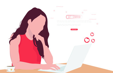 Flat illustration girl using laptop.