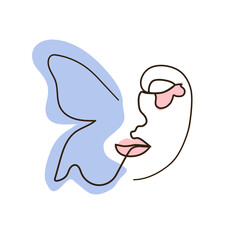 abstract face with butterfly one line drawing. Portret minimalistic style