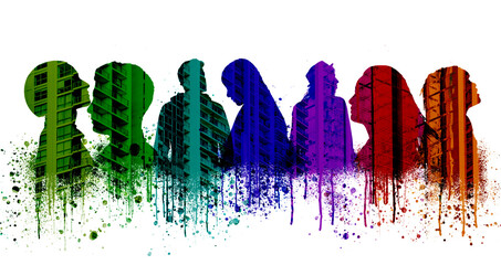 people silhouette with city background - group of heads illustraion - © hanohiki