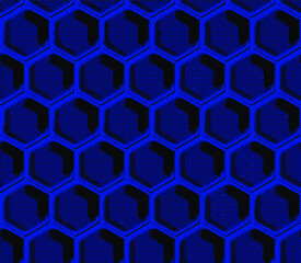 Vector seamless geometric pattern with gold foil outline and deep blue watercolor polygons. Modern hexagon tile abstract background
