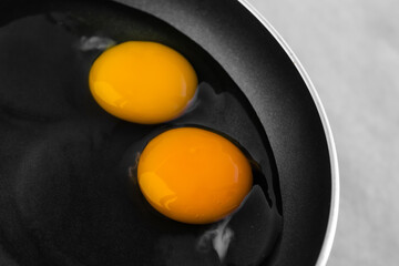 Two raw eggs in a black frying pan, transparent whites and bright yellow yolks. The concept of the process of cooking, preparing a simple dish for breakfast. Close-up
