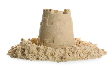 Pile of sand with castle on white background. Outdoor play - obrazy, fototapety, plakaty