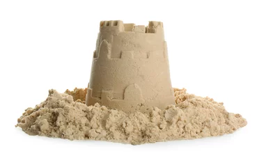 Foto op Plexiglas Pile of sand with castle on white background. Outdoor play © New Africa