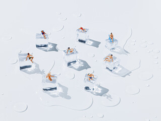 Miniature tourist people lying and chilling on melting ice cubes on bright white background....
