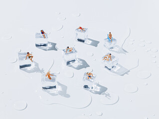 Miniature tourist people lying and chilling on melting ice cubes on bright white background. Abstract relaxation and hotel leisure idea. Creative summer vacation concept.