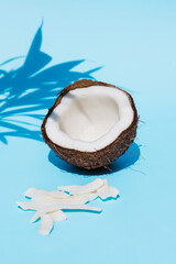 Coconut chips and half a coconut on a blue background with shadows from a branch of a palm tree. Vertical photo. Space for text. Perfect snack