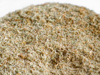 Dry sphagnum, peat moss, perennial marsh white moss of light brown beige yellow color, close-up, macro  heap