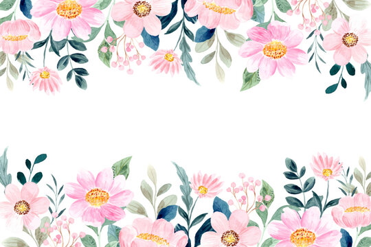 Pink floral garden background with watercolor