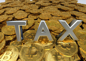 3D render image of a pile of coins with the text tax on top representing crypto taxes