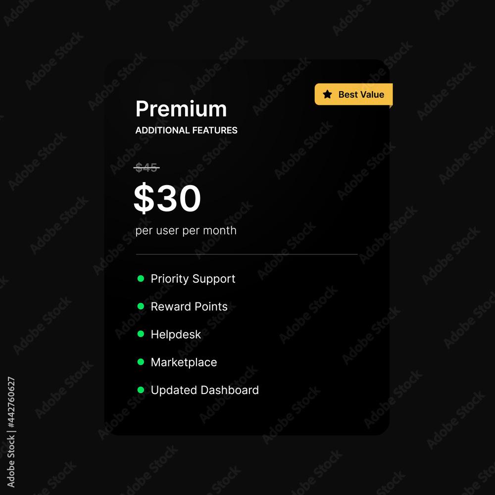 Poster monthly fee for premium app service. payment interface with cost and features description on dark ba