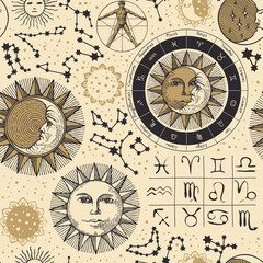 Seamless pattern on the theme of zodiac and horoscopes in retro style. Hand-drawn vector background with sun, moon, stars, constellations and human figure like Vitruvian man on an old paper backdrop