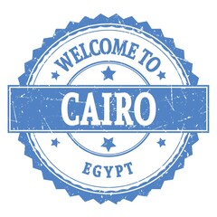 WELCOME TO CAIRO - EGYPT, words written on light blue stamp