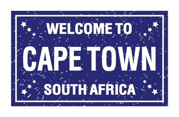 WELCOME TO CAPE TOWN - SOUTH AFRICA, words written on blue rectangle stamp