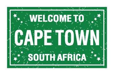 WELCOME TO CAPE TOWN - SOUTH AFRICA, words written on green rectangle stamp