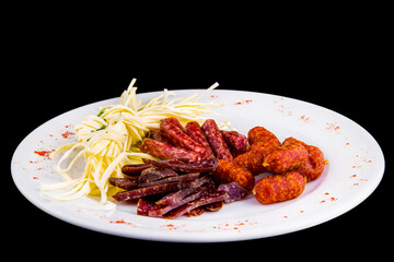 Beer appetizer: cecil cheese, picolini sausages, sujuk, jorki. Plate with delicious sliced smoked sausages