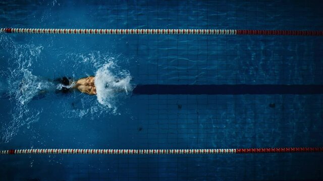 Aerial Top View: Male Swimmer in Swimming Pool. Professional Athlete Swims in Butterfly Style, Wins Championship. Dark Dramatic Colors, Cinematic Lap Lane Light. Aerial Slow Motion Static Lock Shot