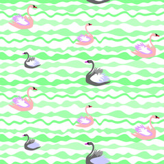 Swans on the waves. Seamless textile pattern. Vector graphic.