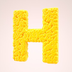 Corn bubbles yellow letter H. Alphabet symbol on nude color background. 3d rendering