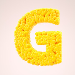 Corn bubbles yellow letter G. Alphabet symbol on nude color background. 3d rendering