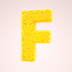 Corn bubbles yellow letter F. Alphabet symbol on nude color background. 3d rendering
