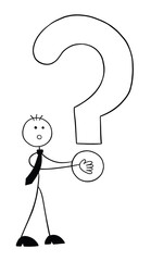 Stickman businessman character holding big question mark, vector cartoon illustration
