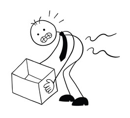 Stickman businessman character hurts back when lifting box, vector cartoon illustration