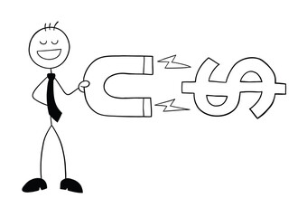 Stickman businessman character holds a magnet and attracts dollars, vector cartoon illustration