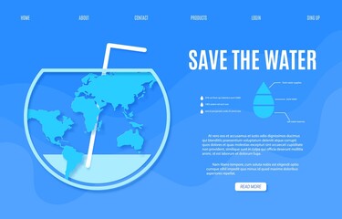 Web page Save the Water banner design template in paper cut style. Outline aquarium is half empty with drink straw and blue Earth map silhouette. 22 March World Water Day website vector concept.