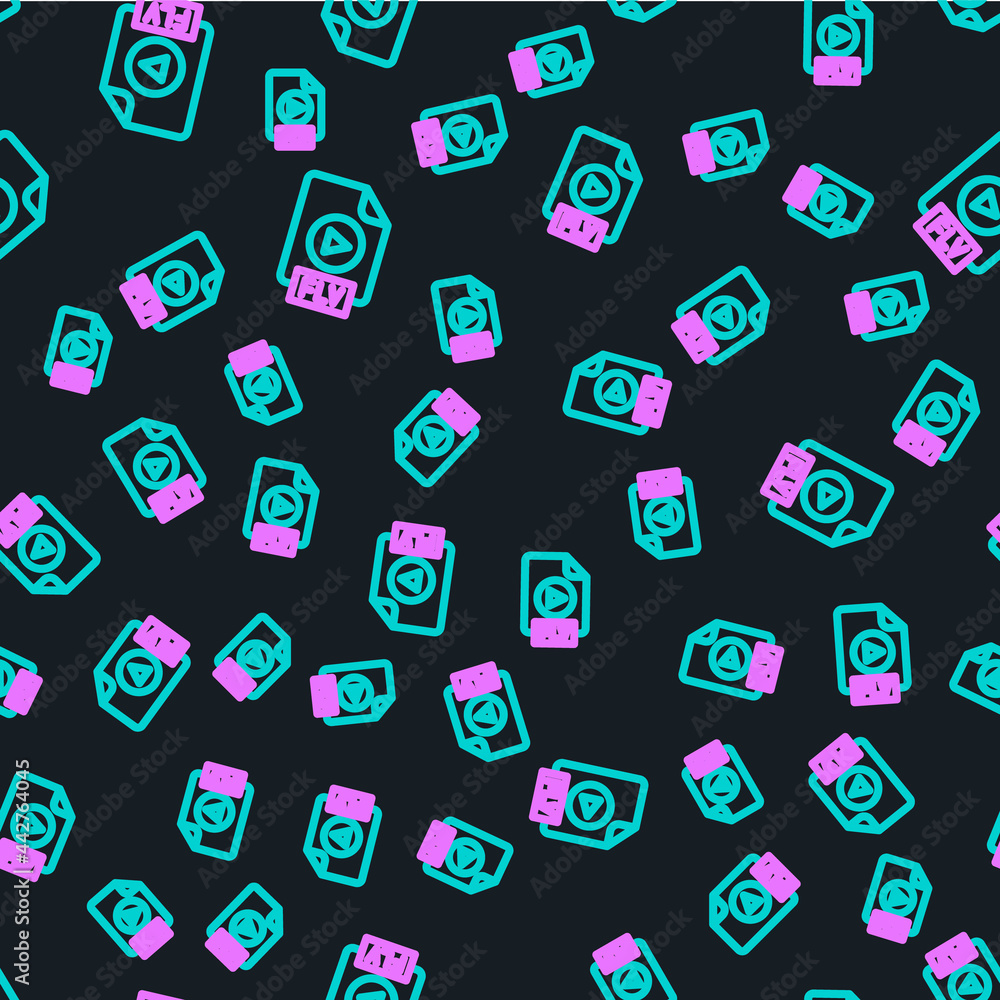 Poster line flv file document video file format. download flv button icon isolated seamless pattern on blac