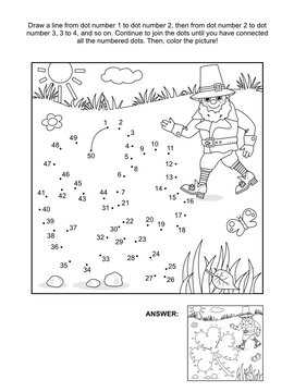 St. Patrick's Day connect the dots picture puzzle and coloring page with clover leaf and leprechaun. Answer included.
