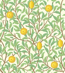 Vintage tropical fruit seamless pattern on light background. Lemons in foliage. Middle ages William Morris style. Vector illustration