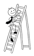 Stickman businessman character climbing the wooden ladder, vector cartoon illustration