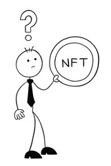 Stickman businessman character holding NFT coin and thoughtful about it, vector cartoon illustration